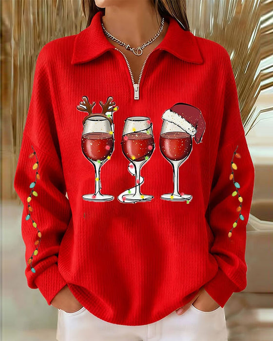 Sweatshirt Revers Reißverschluss Weihnachtsstil