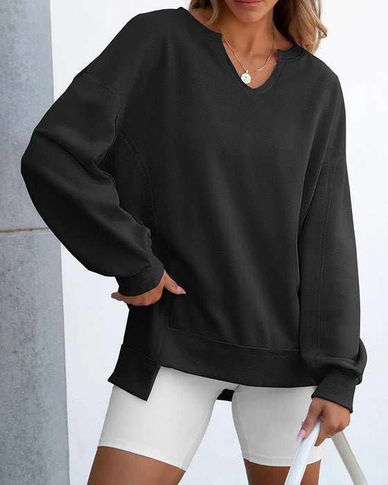 Kleiner V-Ausschnitt, Lässig Weites Langarm Sweatshirt
