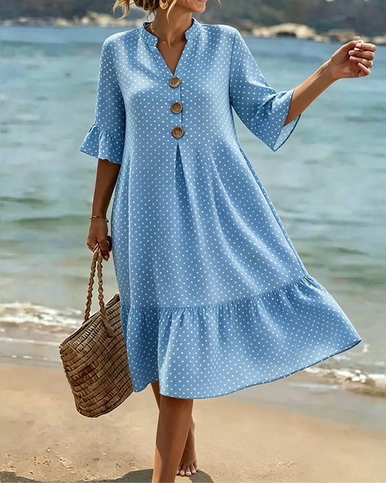 Kleid Polka Dot V-Ausschnitt Rüsche Ärmel