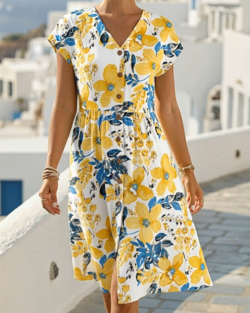 Kleid Blumendruck V-Ausschnitt Kurzarm