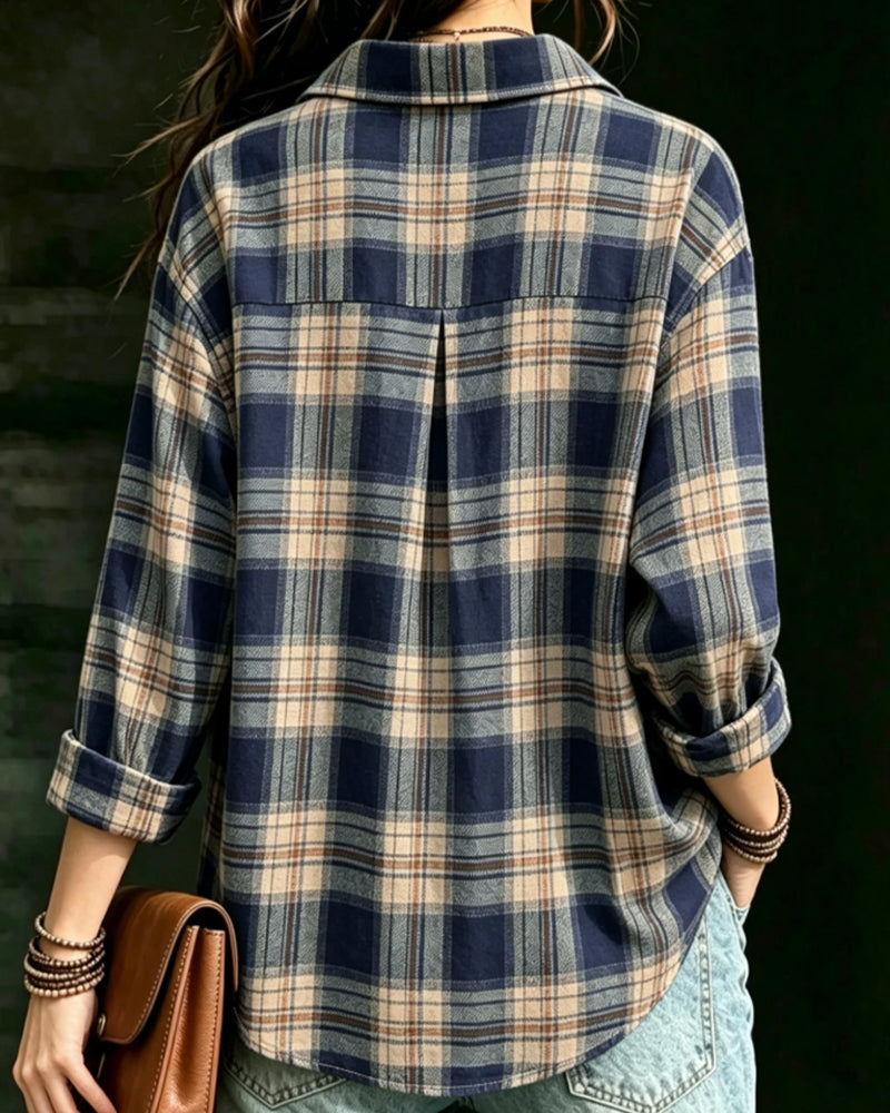 Bluse Kragen Kariert Langarm