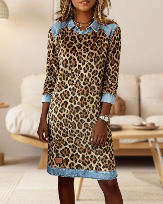 Kleid Revers Leopardenmuster Shift
