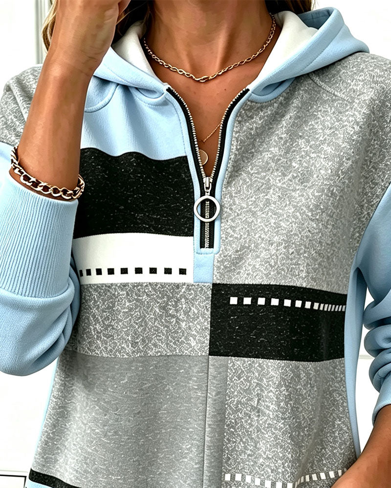 Hoodie Halber Reißverschluss Kontrast Geometrischer Druck