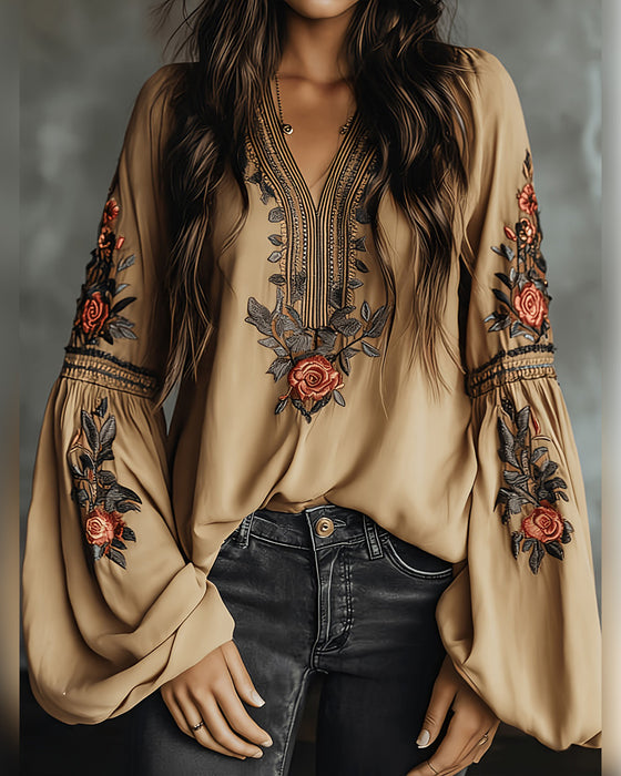 Bluse Rosenprint V-Ausschnitt Bohemisch