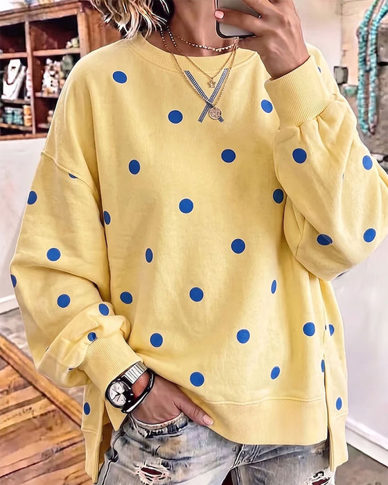 Sweatshirt Rundhals Polka Dot Schlitz Drop Schulter Asymmetrisch