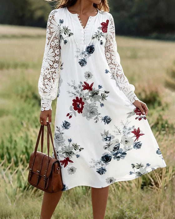Kleid V-Ausschnitt Blumen Knopf