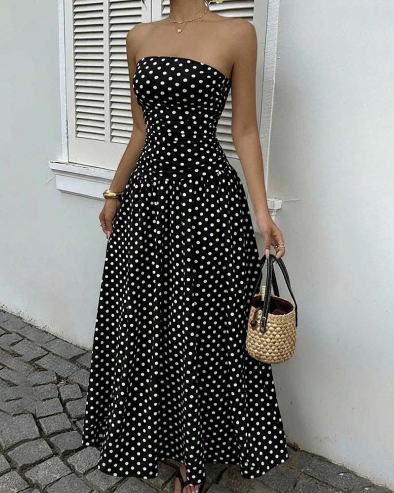 Kleid Tupfen Bandeau A-Linie Lang