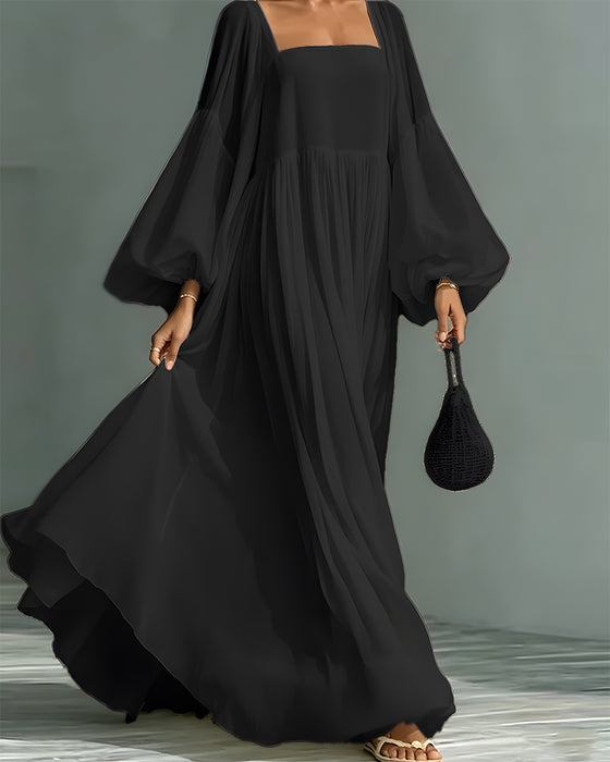 Kleid Quadratischer Ausschnitt Puff Ärmel Fee Maxi
