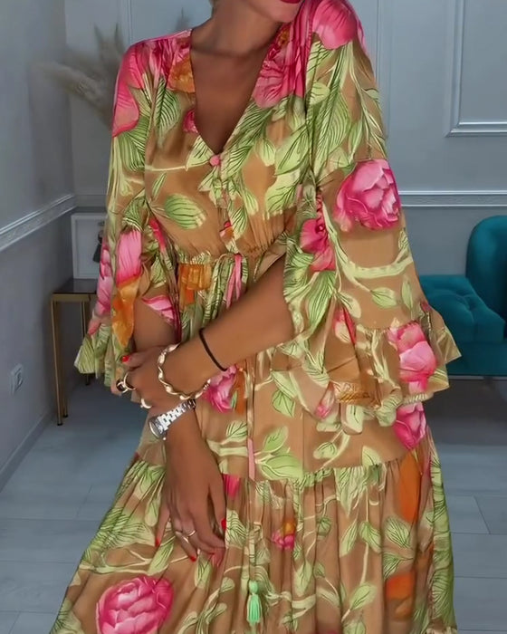Kleid V-Ausschnitt Weiter Rock Blumen