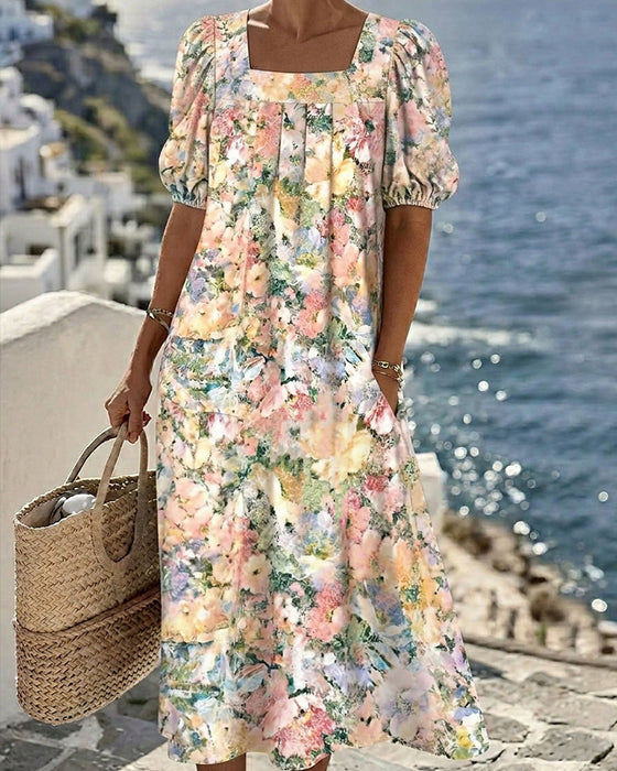 Kleid Bedruckt Quadratischer Ausschnitt Puffärmel