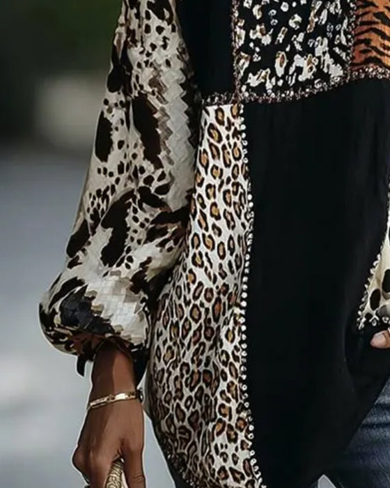 Bluse Rundhals Leopard Tiger Druck Kontrast