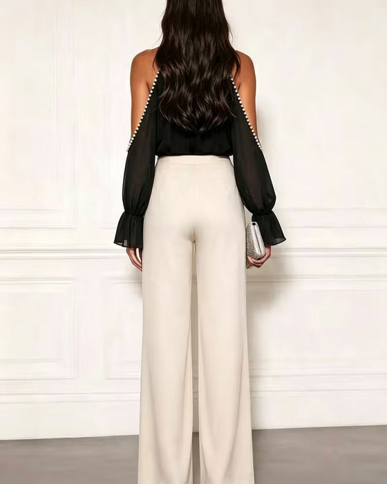 Bluse Rollkragen Off-Shoulder Rüsche