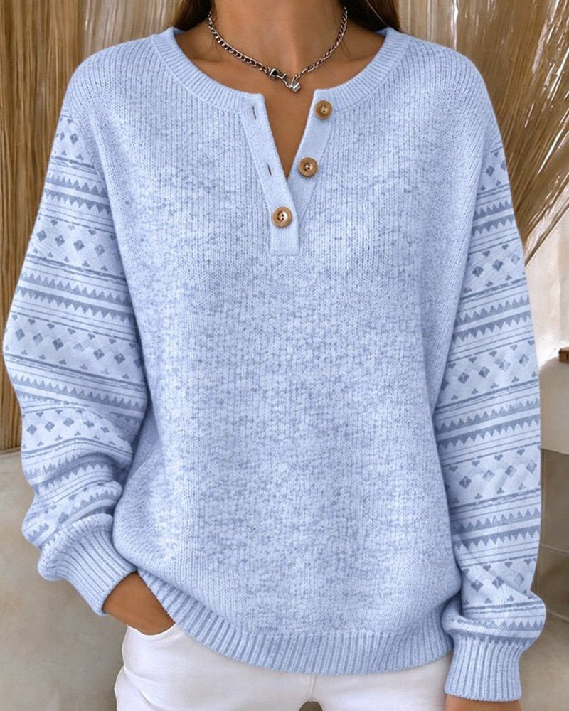 Sweatshirt Rundhals Geknöpft Gestreift Locker