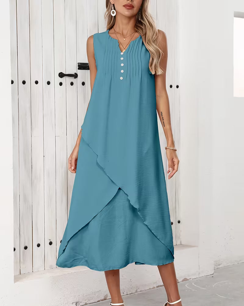 Kleid Gepresst Gekräuselt Unregelmäßiger Saum Ärmellos