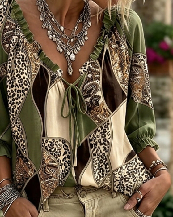 Bluse V-Ausschnitt Leopard Puffärmel Binden