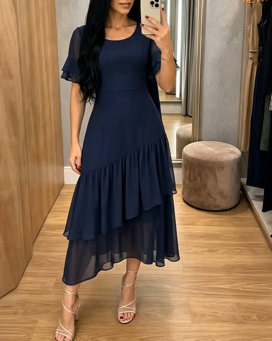 Kleid Rundhals Rüsche Einfarbig