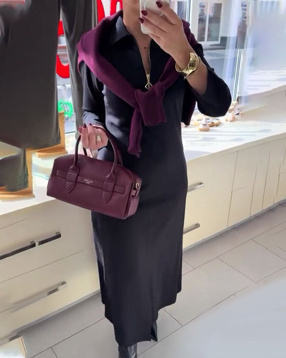 Kleid Revers Schlitz Reißverschluss Langarm