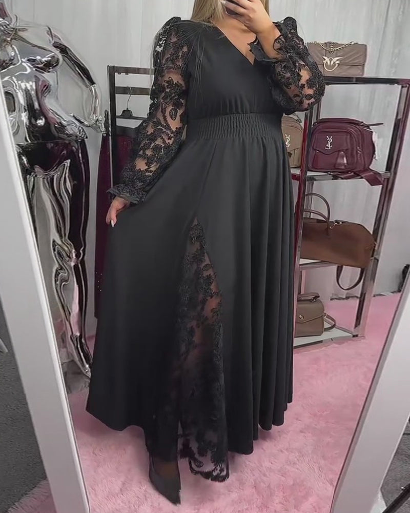 Kleid Spitze Stitching V-Ausschnitt A-Saum