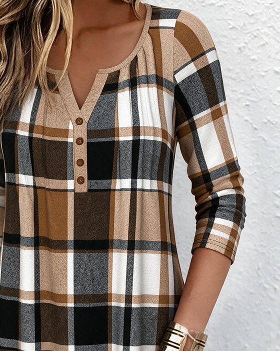 Kleid V-Ausschnitt Knopf Karo