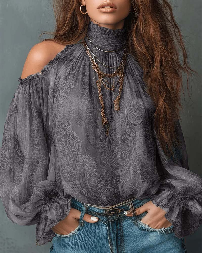 Bluse Bedruckt Off-Shoulder Mandarin Kragen