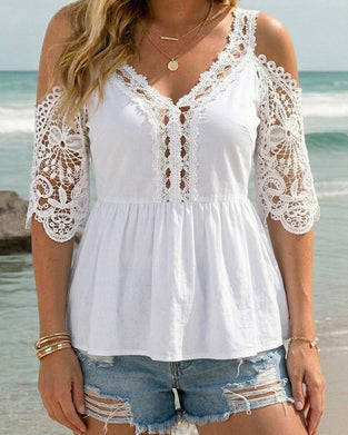 Bluse Mit Kalter Schulter V-Ausschnitt Spitzenflicken