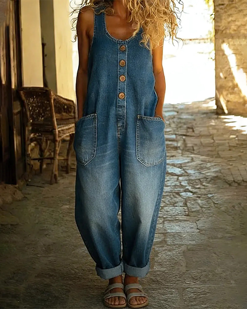 Jumpsuit Lässig Tasche Denim