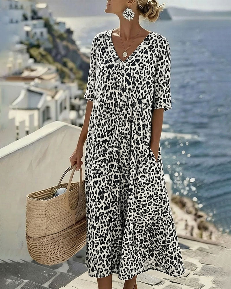 Kleider Leopard V-Ausschnitt Locker