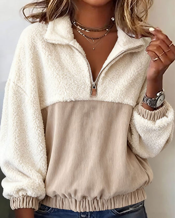 Sweatshirt Mit Halbem Reißverschluss, Reverskragen Und Kontrastfarbe