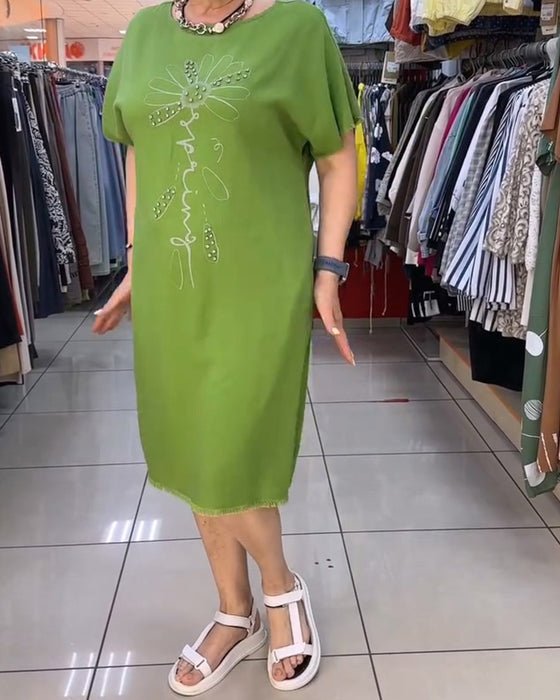 Kleid Rohe Kante Kurzer Ärmel Locker Lässig