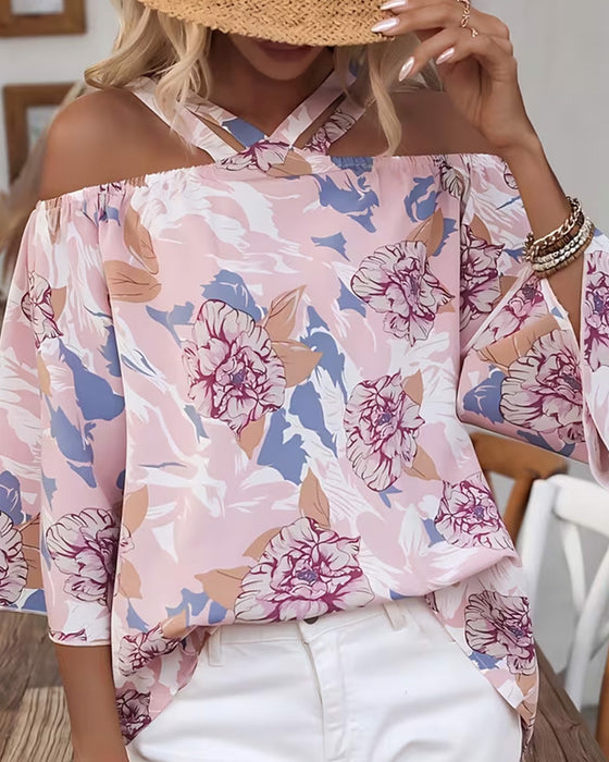 Bluse Blumen Kreuz Off-Shoulder