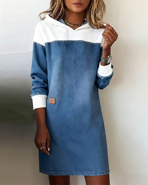 Kleid Mit Kapelle Denim Patchwork Fallende Schulter