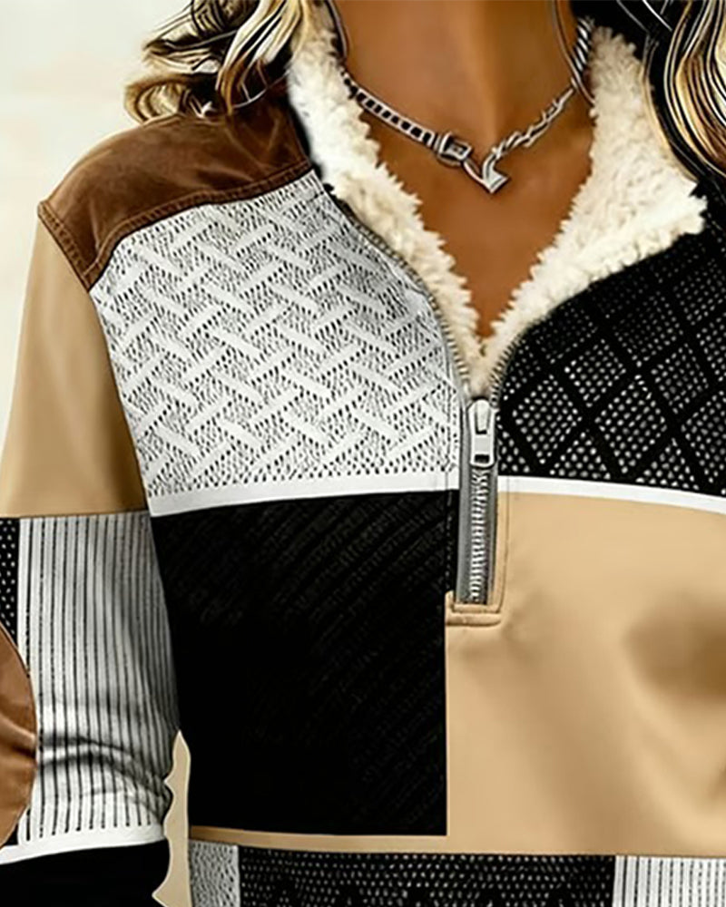 Sweatshirt Halb Reißverschluss Flauschgefüttert Colorblock