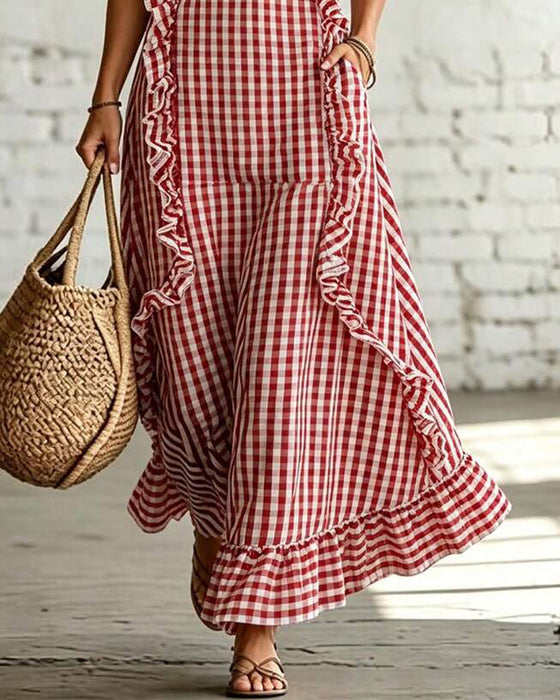 Kleid V-Ausschnitt Rüsche Karo Ärmellos Maxi