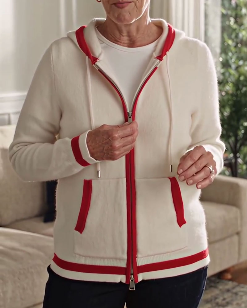 Cardigan Mit Kapuze Vollreißverschluss Kontrast Pullover