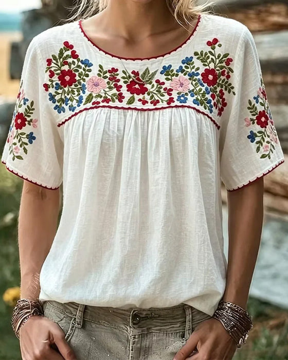 Bluse Rundhals Bestickt Bohemian