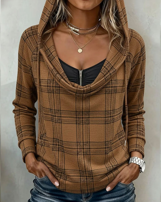 Top Karo Mock Layered Turtleneck Hoodie