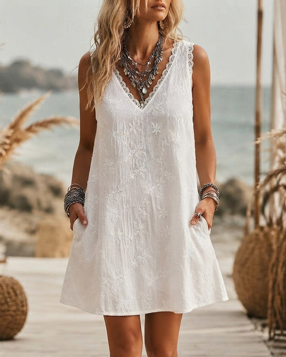 Kleid Mit V-Ausschnitt Spitze Patchwork Ärmellos