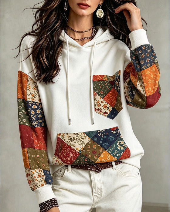Hoodie Patchwork Druck Mit Kapuze