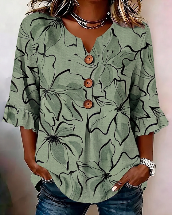 Bluse V-Ausschnitt Blumen Rüsche 3/4-Arm