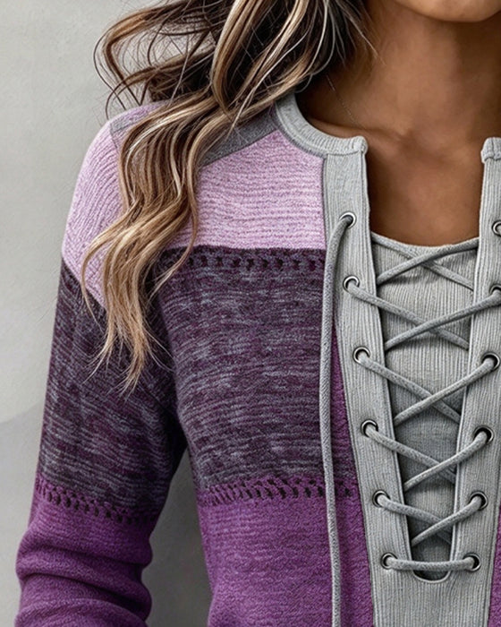 Sweatshirt Binden Gestreift Farbblock Figurbetont