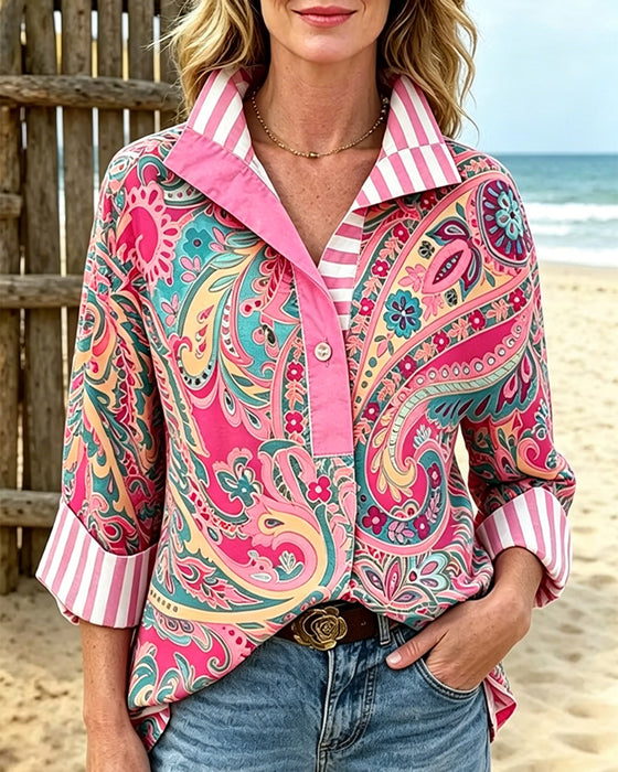 Bluse Patchwork Blumig Druck Lässig