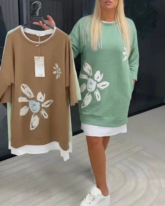 Sweatshirt-Kleid Rundhals bedruckt Patchwork