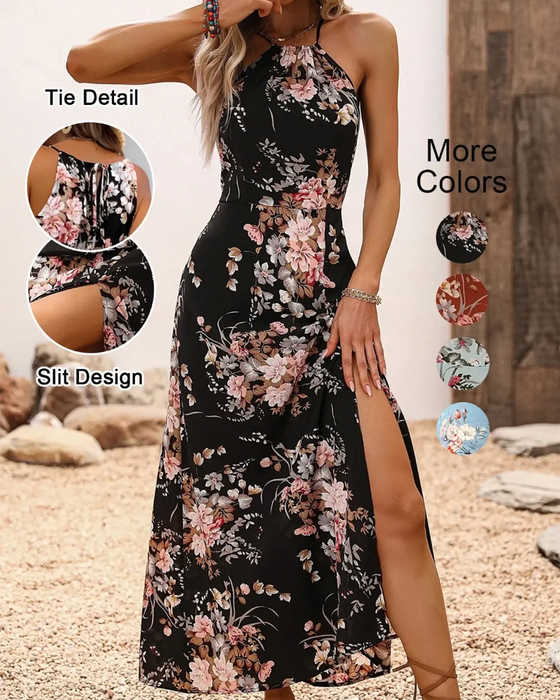 Kleid Halterneck Schlitz Tailliert Blumenmuster