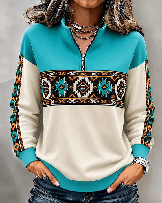 Hoodie Ethno Geometrischer Print Halbreißverschluss Mandarin-Kragen