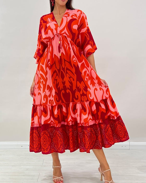 Kleid V-Ausschnitt Blumen Print A-Linie
