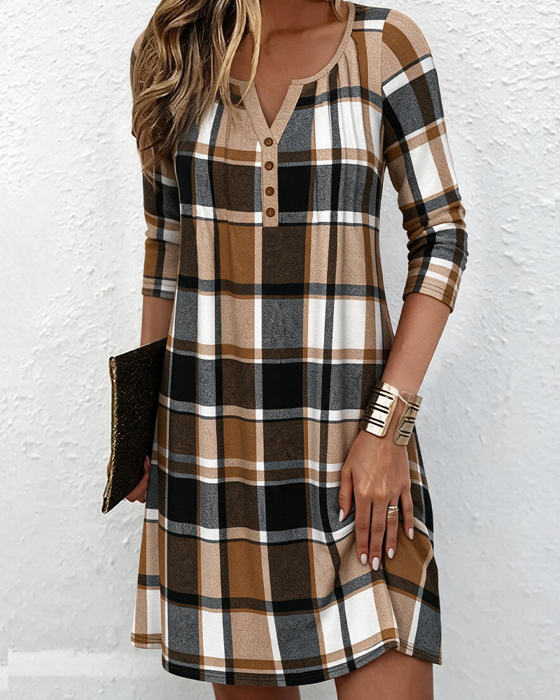 Kleid V-Ausschnitt Knopf Karo