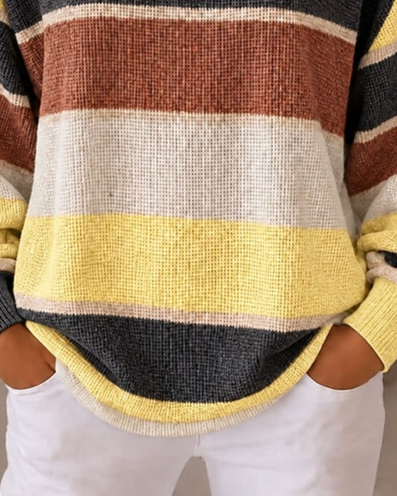 Sweatshirt Rundhals Geknöpft Kontrast Gestreift