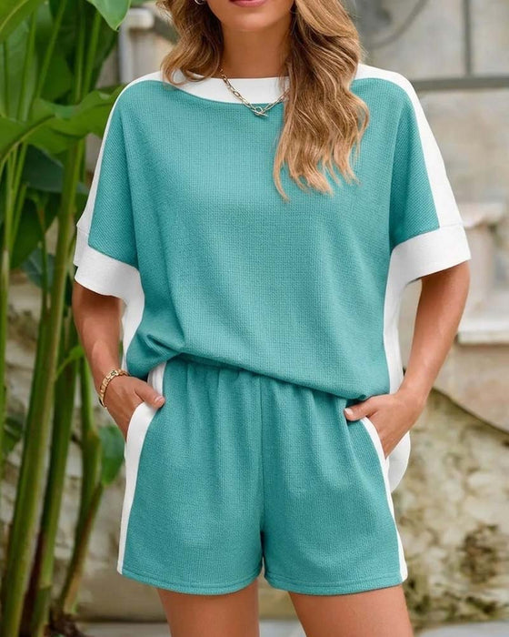 Set Farbblock Kurzer Ärmel Shorts Lässig