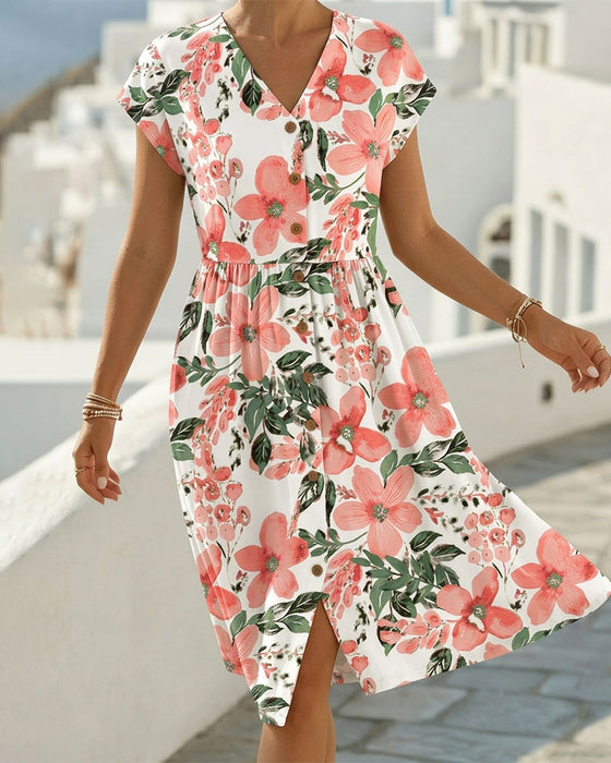 Kleid Blumendruck V-Ausschnitt Kurzarm