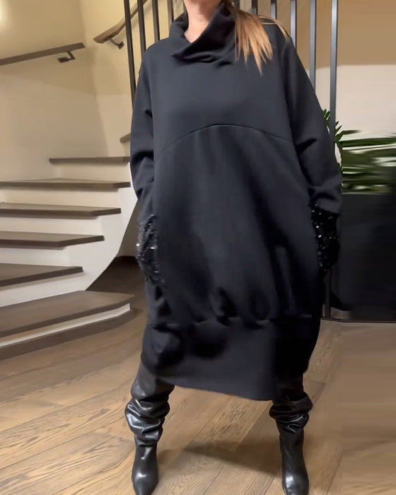Sweatshirtkleid Hoher Kragen Plus Größe Glitzernd Tasche